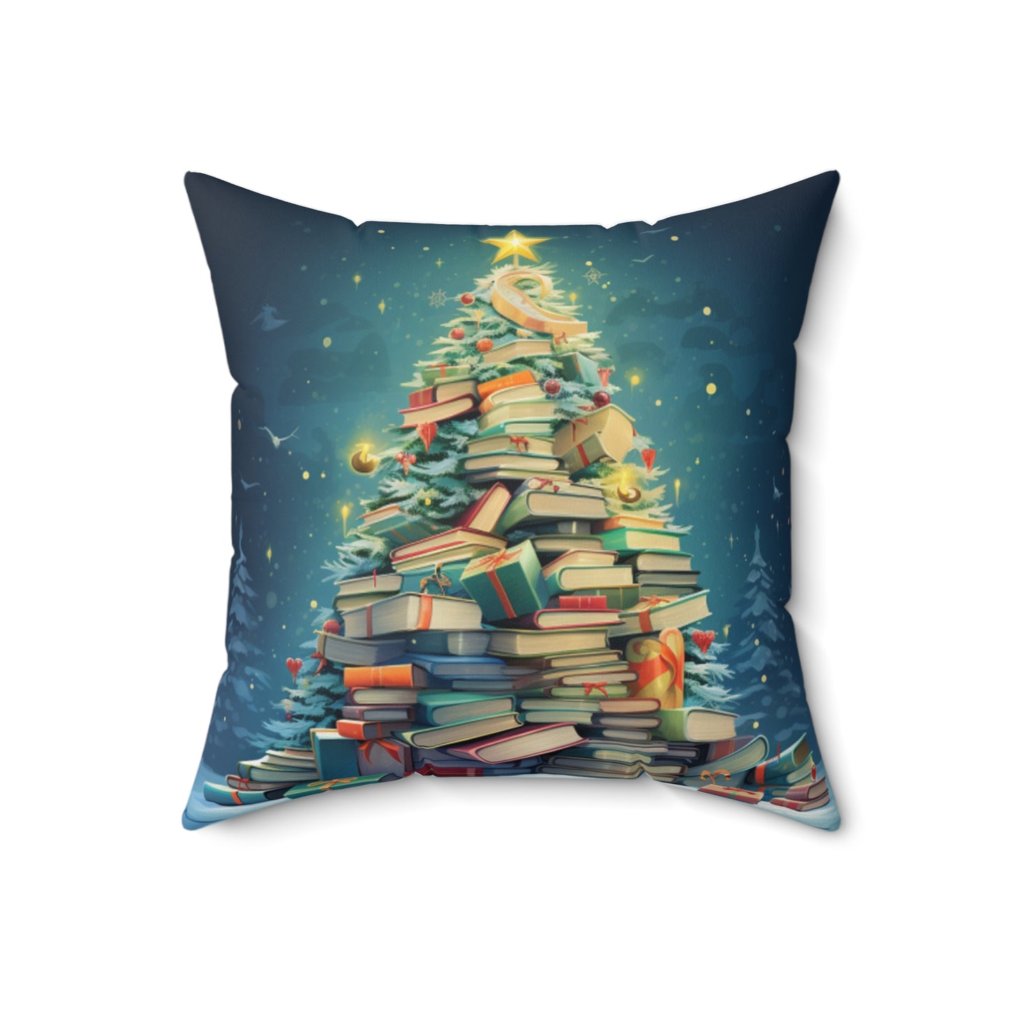 Book Worm Club Árbol de Navidad Temporada Vacaciones de Invierno - Almohada cuadrada de poliéster hilado