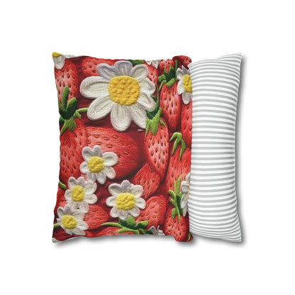 Strawberry Strawberries Embroidery Design - Fresh Pick Red Berry Sweet Fruit - Spun Polyester Square Pillow Case