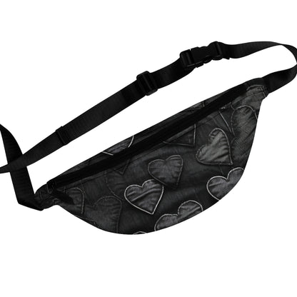 Black: Distressed Denim-Inspired Fabric Heart Embroidery Design - Fanny Pack