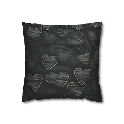 Negro azabache: diseño de bordado de corazón de tela inspirada en la mezclilla desgastada - Funda de almohada cuadrada de poliéster hilado 