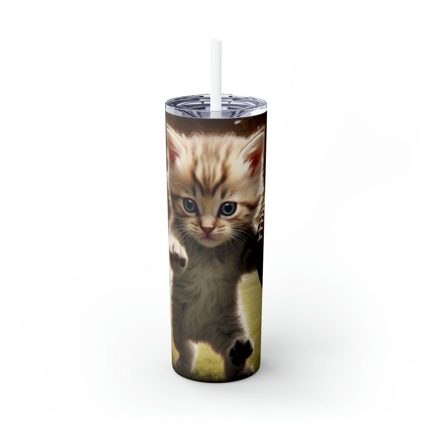 Football Kitty Fantasy: Feline Cat American Sport Quarterback - Skinny Tumbler with Straw, 20oz