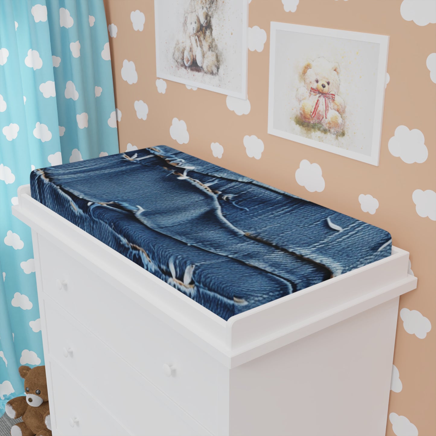 Midnight Blue Distressed Denim: Rugged, Torn & Stylish Design - Baby Changing Pad Cover