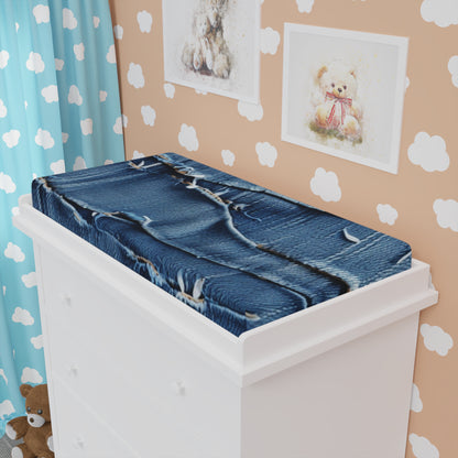 Midnight Blue Distressed Denim: Rugged, Torn & Stylish Design - Baby Changing Pad Cover