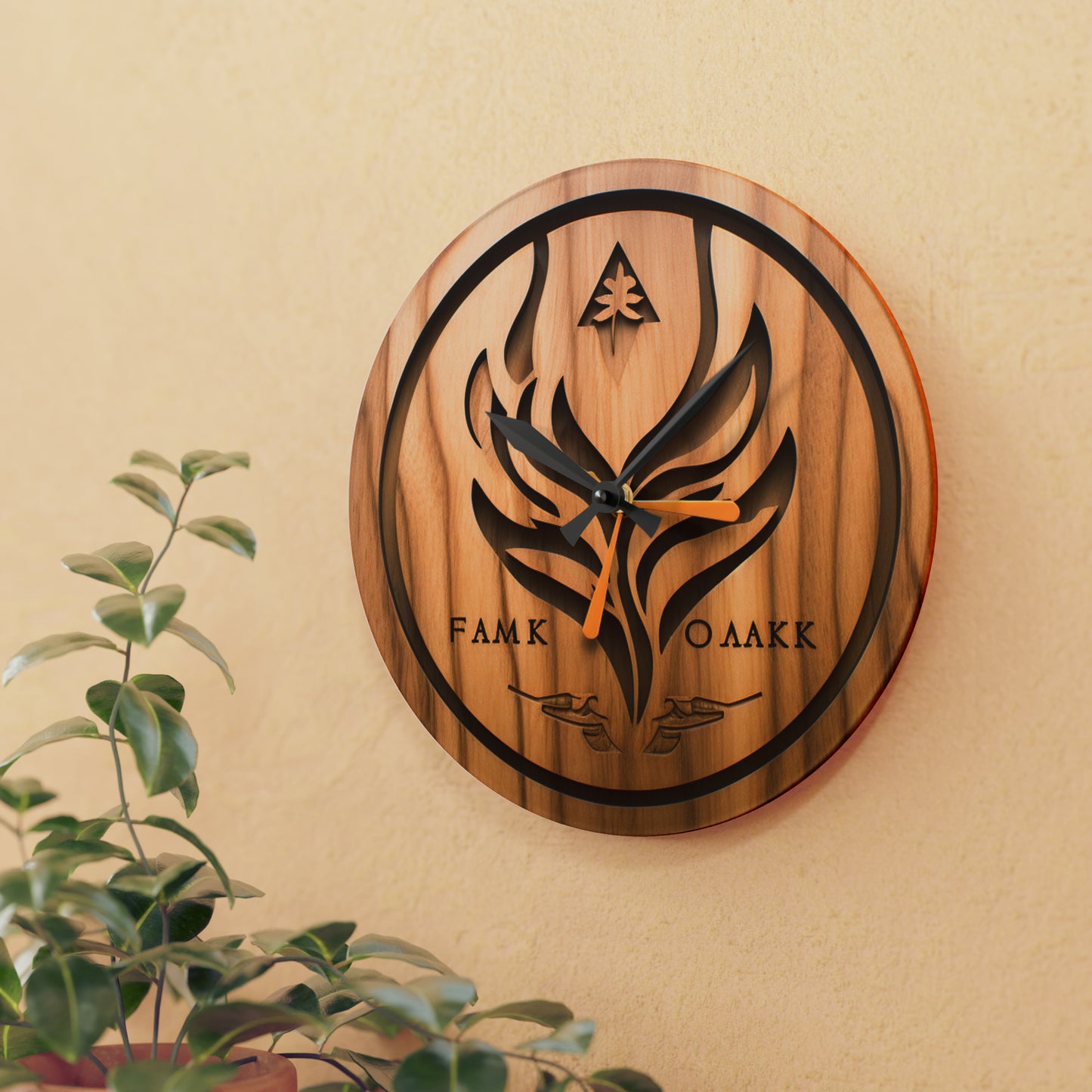 Fancy Wood Oak Engraved Style, Acrylic Wall Clock