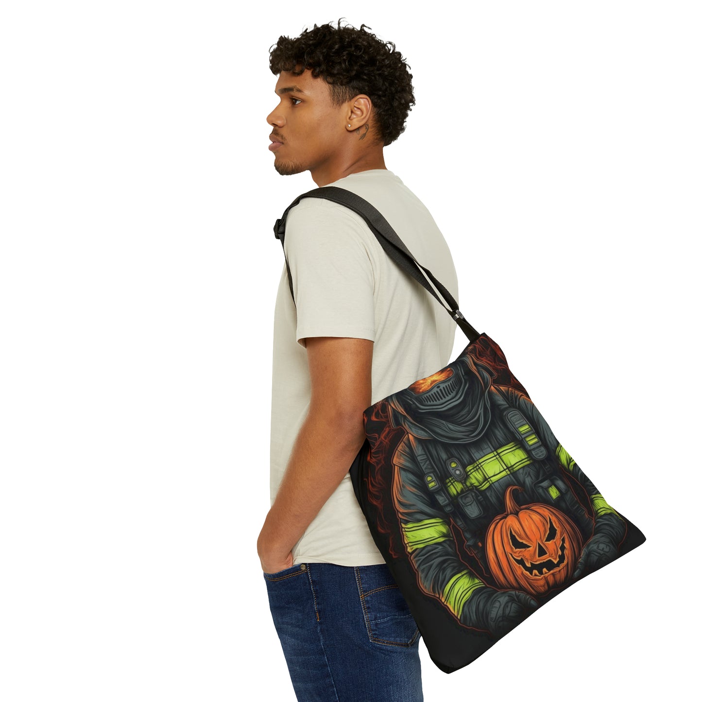 Firefighter Spooky Alert: Facing Haunted Halloween Spirits Scary Fire Pumpkin - Adjustable Tote Bag (AOP)