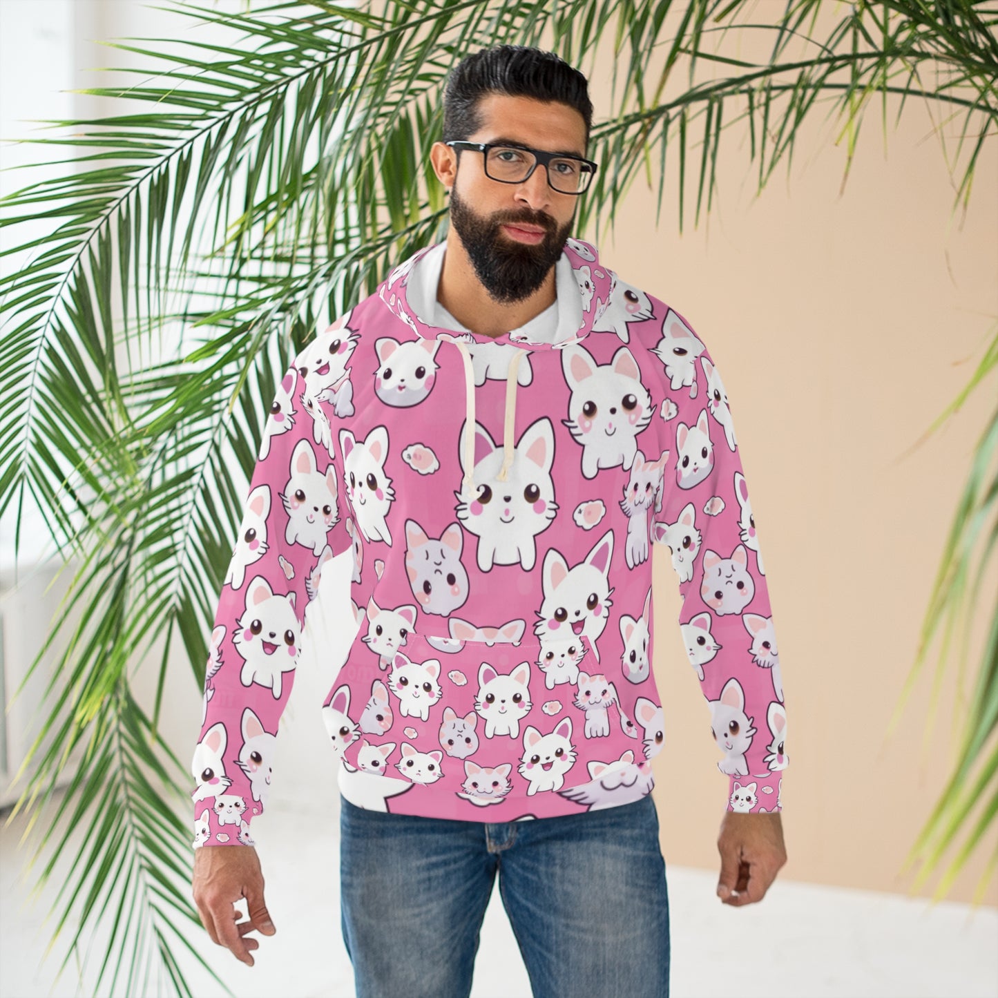 Adorable Cartoon-Style Anime Kitten, Cat, Kitty Pattern - Cute and Colorful - Unisex Pullover Hoodie (AOP)