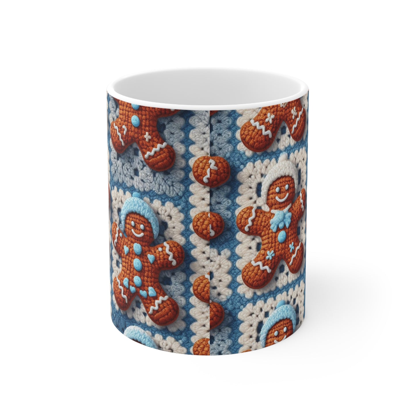 Winter Cheer: Charming Crocheted Gingerbread Christmas Friends Adorned with Snowy Hats and Sweet Smiles - Ceramic Mug 11oz