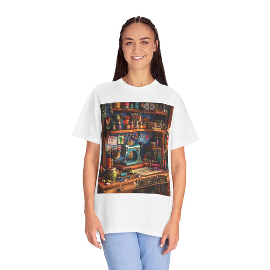 Seamstress Dream: Enchanted Sewing Nook Tapestry, Artisan Craft Room - Unisex Garment-Dyed T-shirt