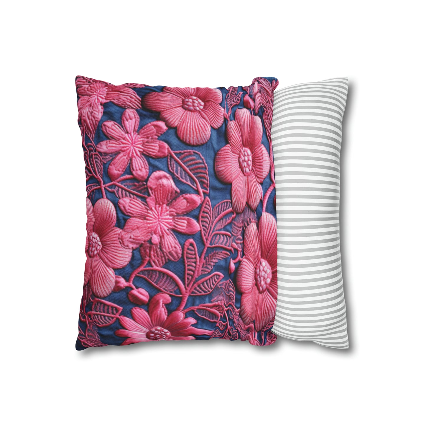 Denim Blue Doll Pink Floral Embroidery Style Fabric Flowers - Spun Polyester Square Pillow Case