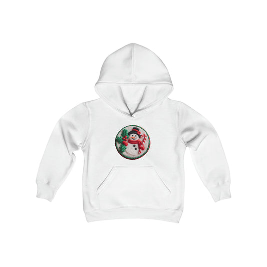 Festive Snowman Embroidered Patch: Christmas Chenille Holly & Candy Cane - Youth Heavy Blend Hooded Sweatshirt