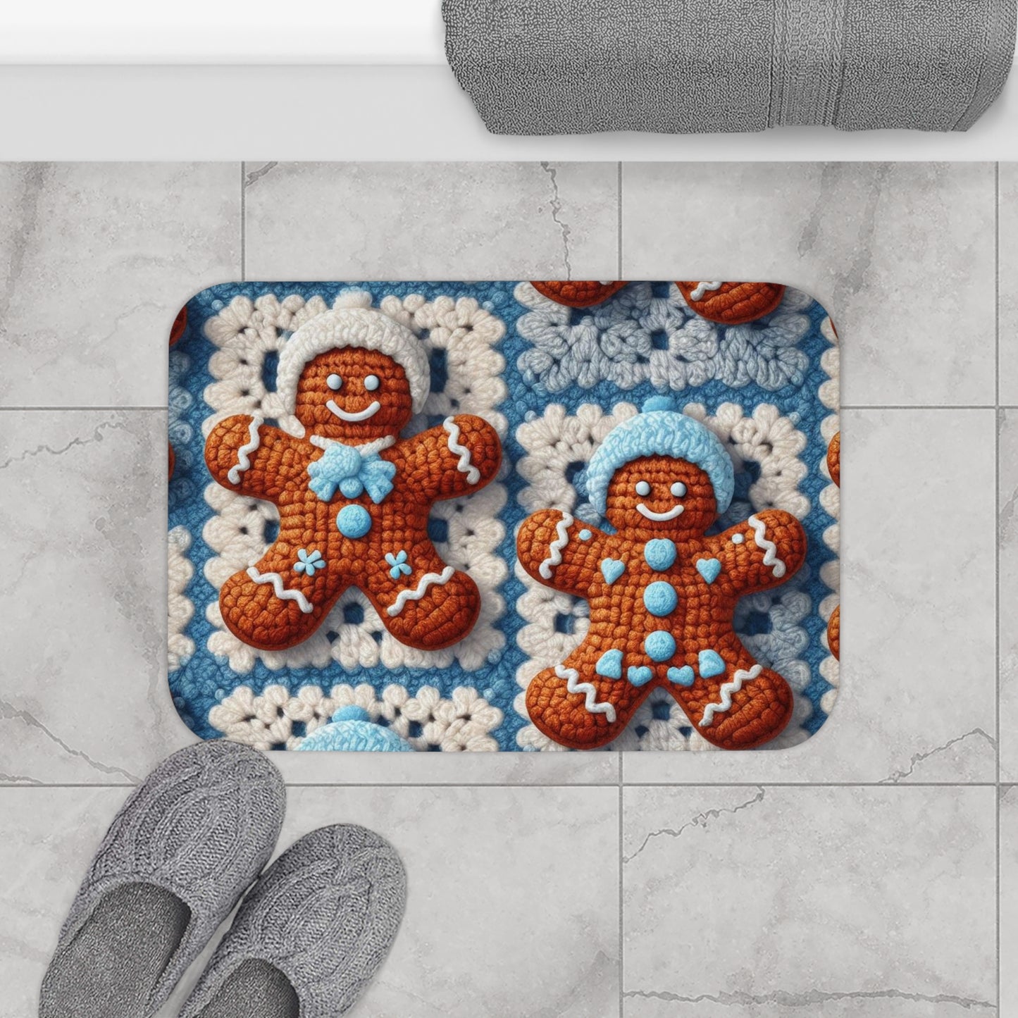 Winter Cheer: Charming Crocheted Gingerbread Christmas Friends Adorned with Snowy Hats and Sweet Smiles - Bath Mat