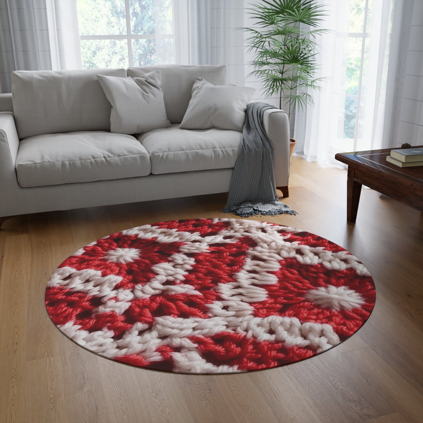 Warm Winter Red & White Crochet Knit: Cinematic Chic Texture Design - Round Rug