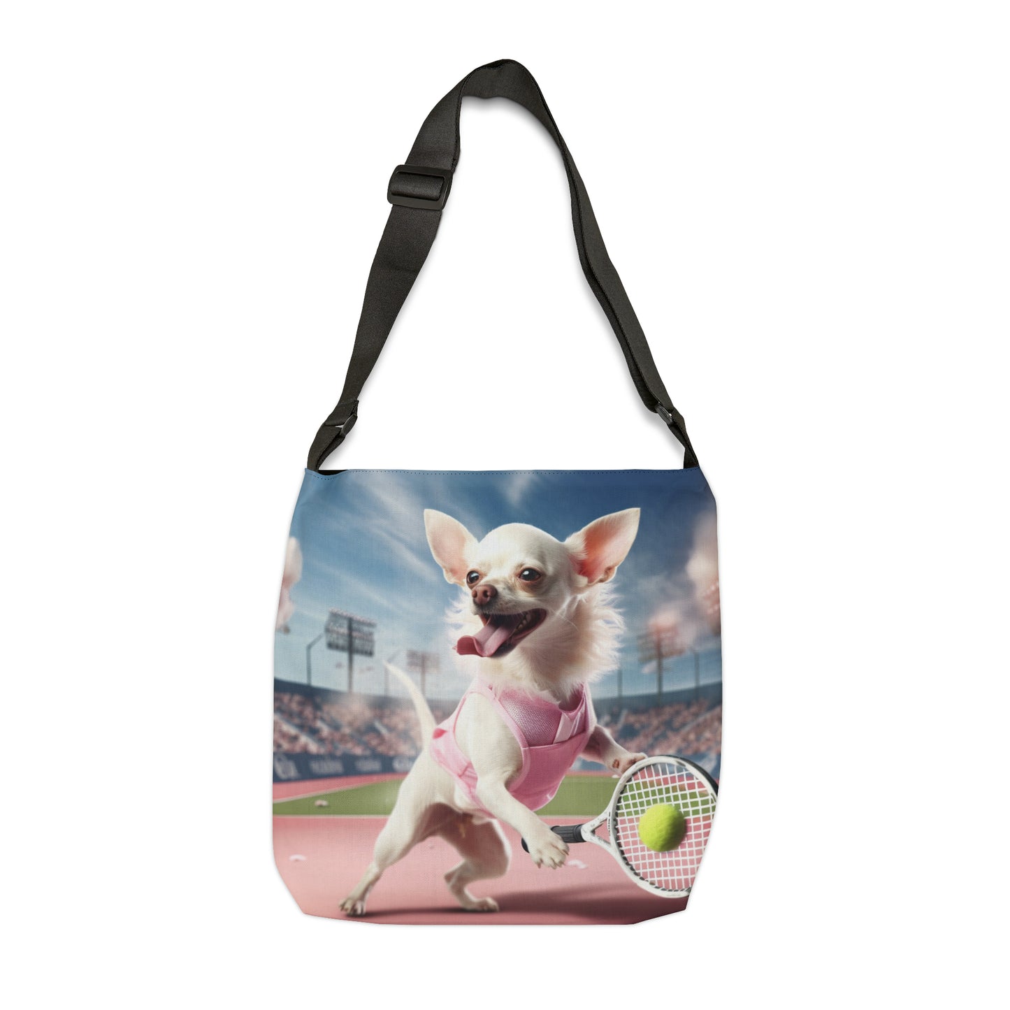 Chihuahua Tennis Ace: Traje rosa para perro, juego deportivo atlético de cancha - Bolsa de mano ajustable (AOP)