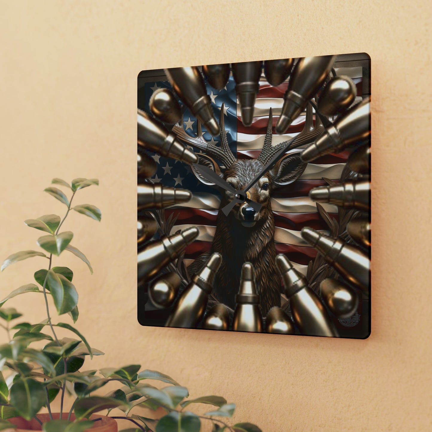 American Flag Deer Acrylic Wall Clock - Hunters Gift - Patriotic Wildlife Design, Rustic Home Decor, Unique Wall Timepiece