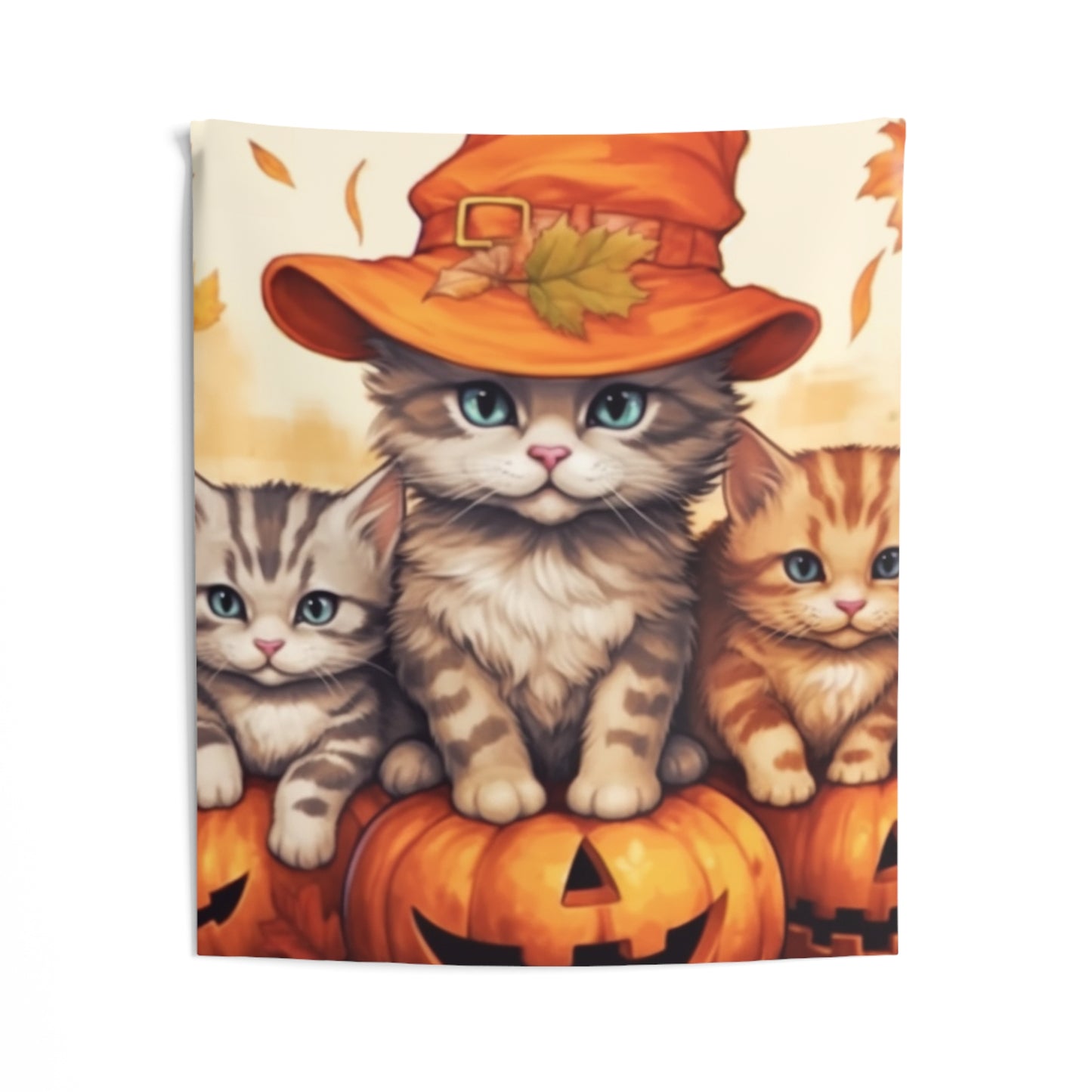 Kitty Cat Kittens Halloween - Cute Furries on Pumpkin - Festive Feline Decor - Indoor Wall Tapestries