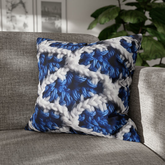 Blueberry Blue Crochet, White Accents, Classic Textured Pattern - Spun Polyester Square Pillow Case