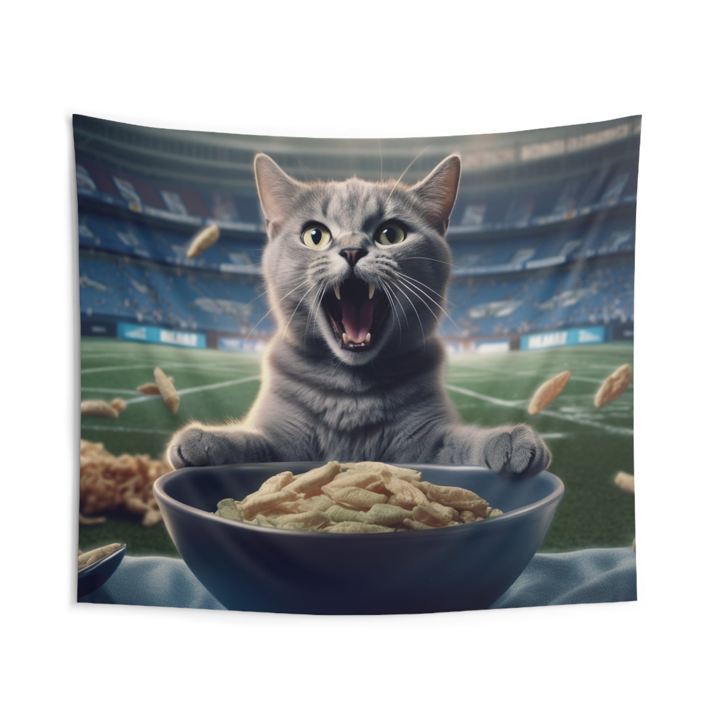 Halftime Football Feline: Screaming Sports Fan Cat Stadium Food Kitten - Indoor Wall Tapestries