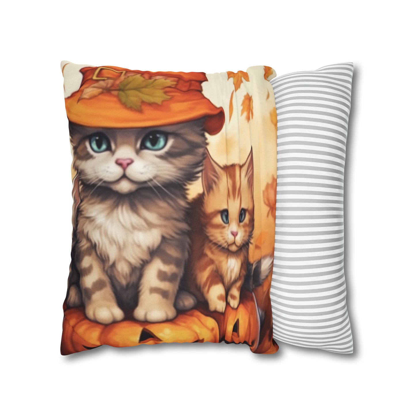 Kitty Cat Kittens Halloween - Cute Furries on Pumpkin - Festive Feline Decor - Spun Polyester Square Pillow Case