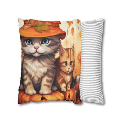 Kitty Cat Kittens Halloween - Cute Furries on Pumpkin - Festive Feline Decor - Spun Polyester Square Pillow Case