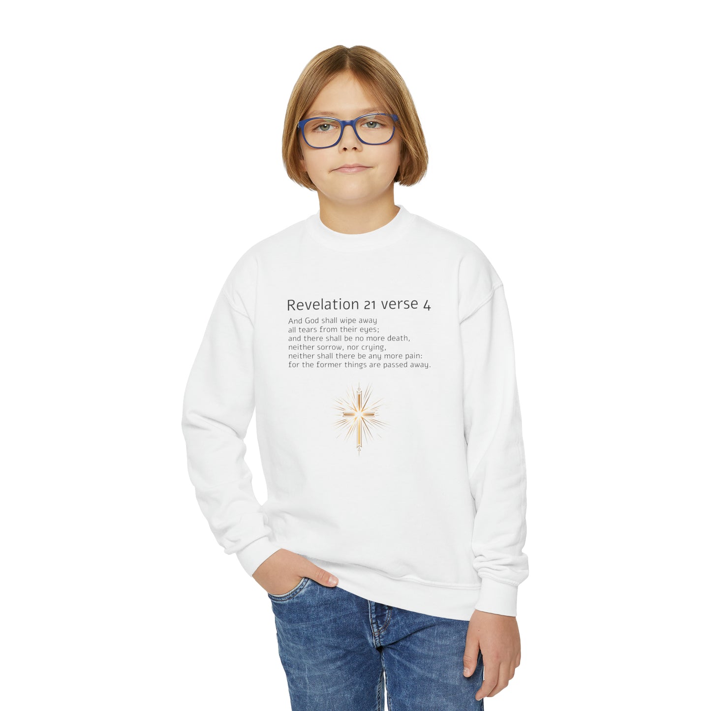 Revelation 21 Verse 4, Christian Gift, Youth Crewneck Sweatshirt