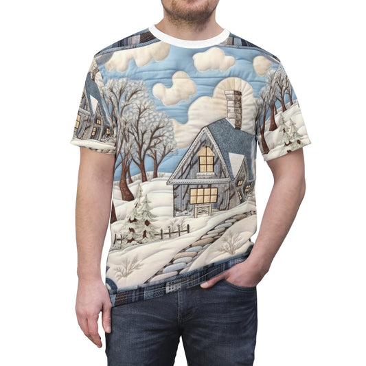 Rustic Snow House - Stone Walkway - Cottagecore Winter Bliss - ノスタルジックなチャーム - Snowy Retreat Decor - ユニセックス カットソー Tシャツ (AOP) 