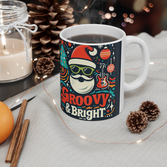 Groovy & Bright Santa Vibes - Retro Christmas Charm with Funky Guitar and Festive Trees - Ceramic Mug 11oz