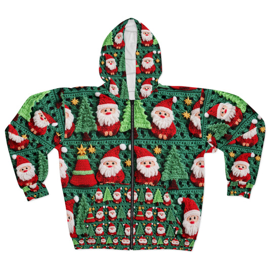 Santa Claus Crochet Pattern, Christmas Design, Festive Holiday Decor, Father Christmas Motif. Perfect for Yuletide Celebration - Unisex Zip Hoodie (AOP)