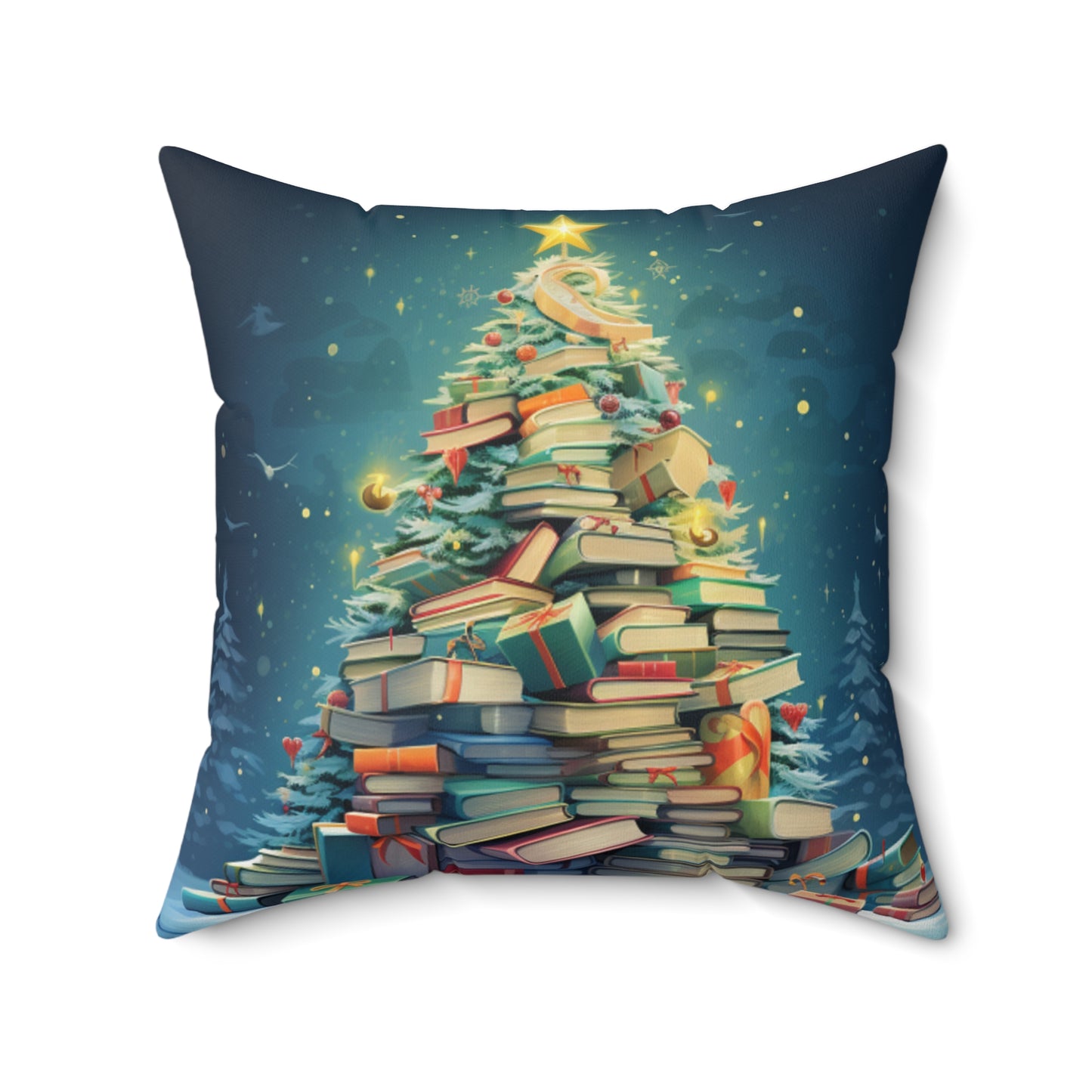 Book Worm Club Árbol de Navidad Temporada Vacaciones de Invierno - Almohada cuadrada de poliéster hilado