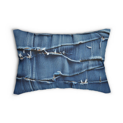 Midnight Blue Distressed Denim: Rugged, Torn & Stylish Design - Spun Polyester Lumbar Pillow