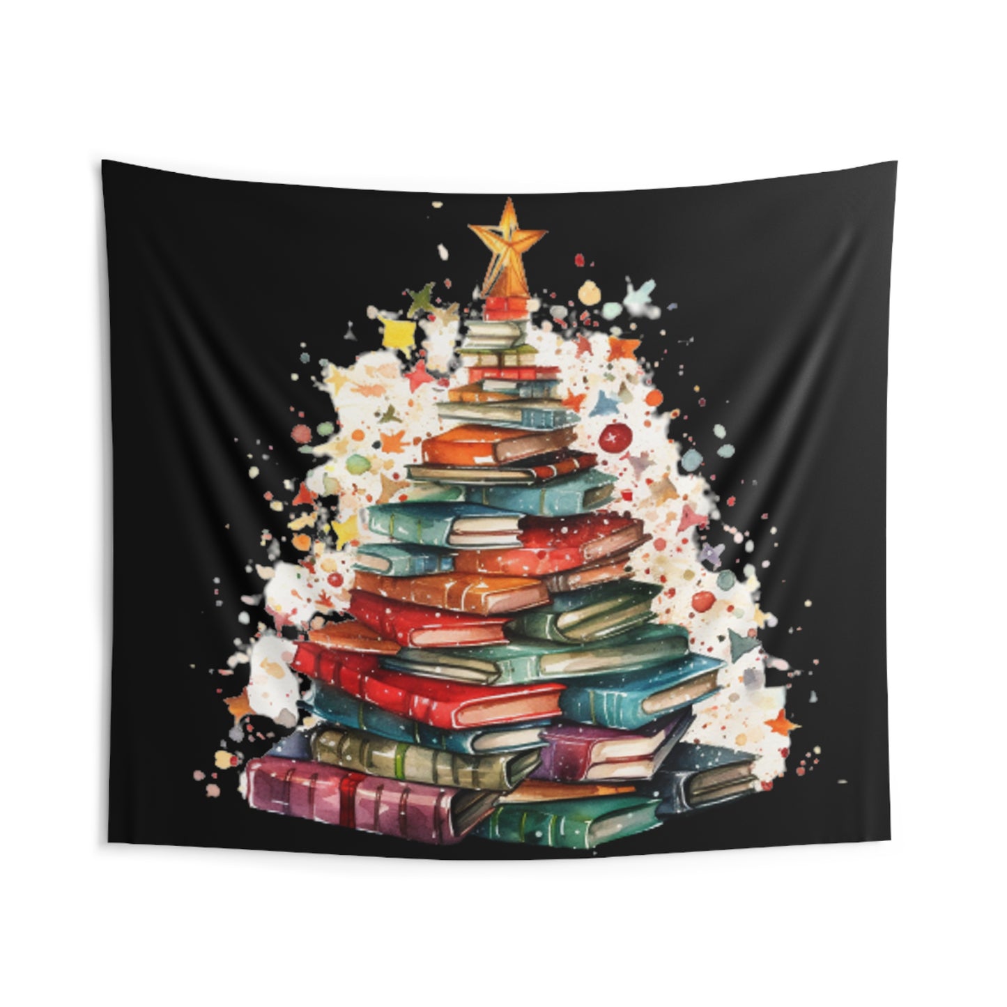 Book Stack Christmas Tree, Festive Holiday Illustration, Cozy Winter Reading Theme, Seasonal Book Lover Artwork - Indoor Wall Tapestries