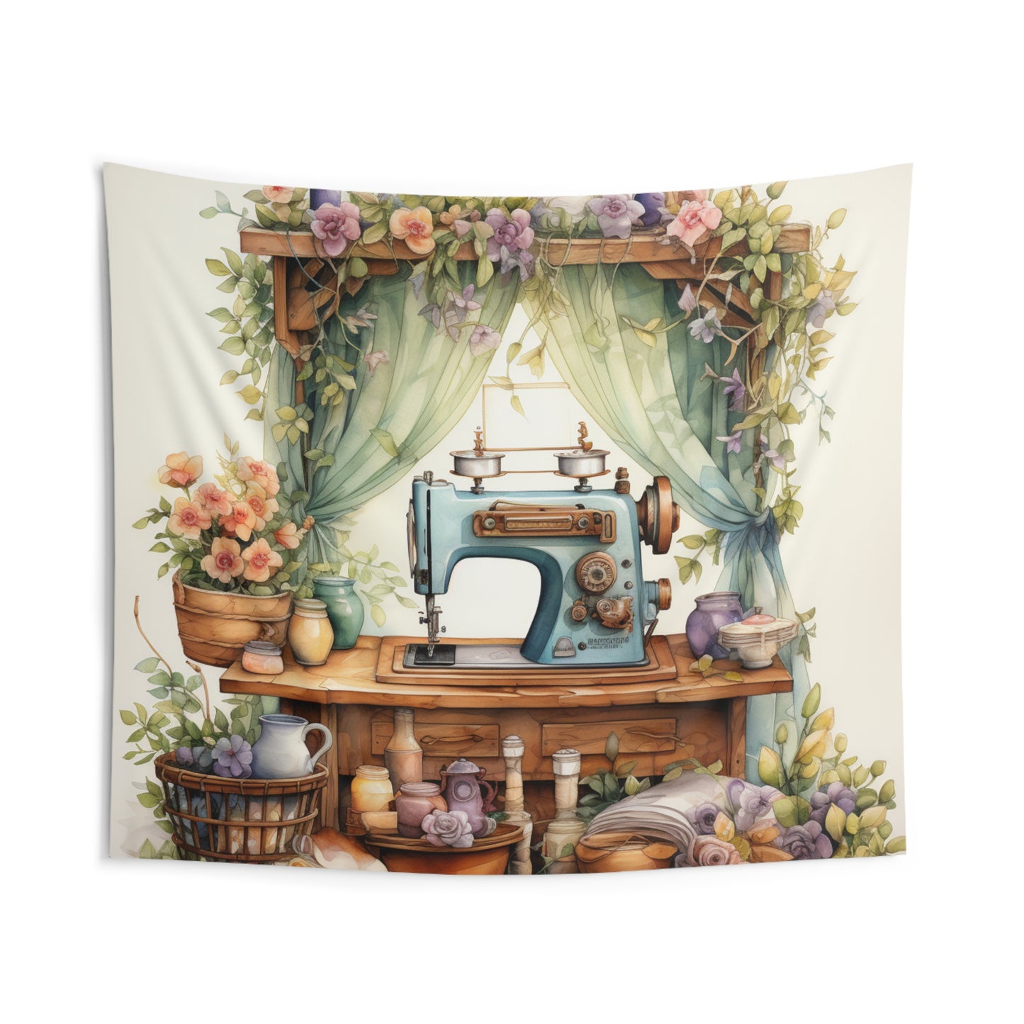 Rustic Sewing Nook Watercolor Illustration, Pastel Vintage Sewing Machine with Floral - Indoor Wall Tapestries