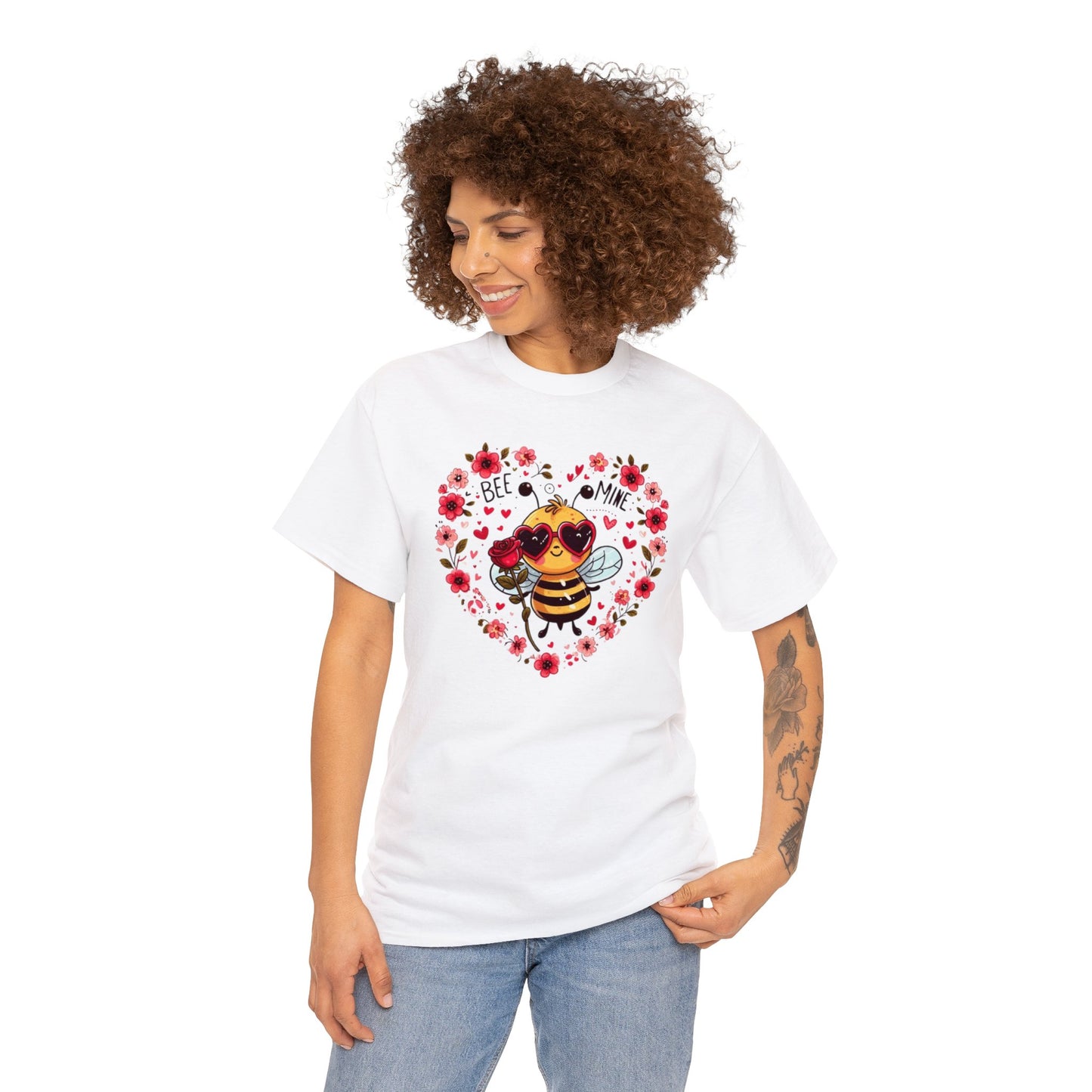 Whimsical Bee Love: Heartfelt Valentines Design with Floral Accents and Heart Sunglasses - Unisex Heavy Cotton Tee