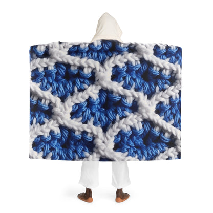 Blueberry Blue Crochet, White Accents, Classic Textured Pattern - Hooded Sherpa Fleece Blanket