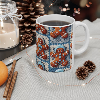 Winter Cheer: Charming Crocheted Gingerbread Christmas Friends Adorned with Snowy Hats and Sweet Smiles - Ceramic Mug 11oz