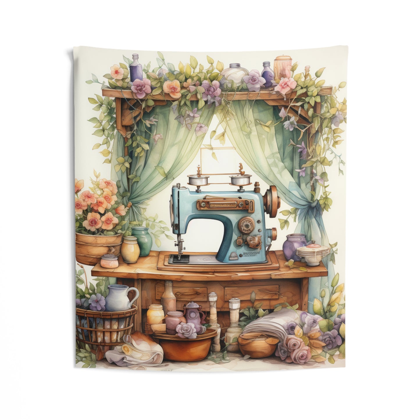 Rustic Sewing Nook Watercolor Illustration, Pastel Vintage Sewing Machine with Floral - Indoor Wall Tapestries