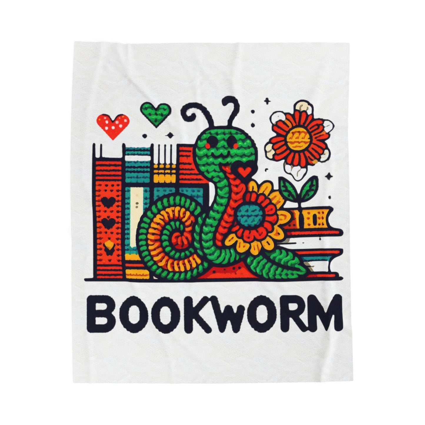 Bookworm Delight - Whimsical Book Lover Illustration, Colorful Reading Worm & Floral Books - Unique Reader's Gift - Velveteen Plush Blanket