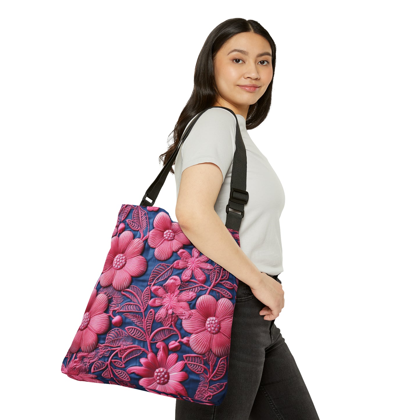 Flores de tela estilo bordado floral rosa muñeca azul denim - Bolso de mano ajustable (AOP) 