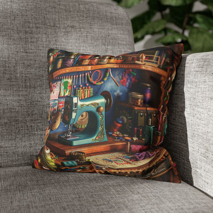 Seamstress Dream: Enchanted Sewing Nook Tapestry, Artisan Craft Room - Spun Polyester Square Pillowcase