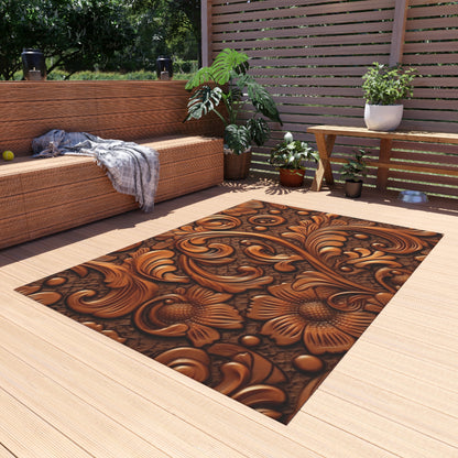 Leather Flower Cognac Classic Brown Timeless American Cowboy Design - Outdoor Rug