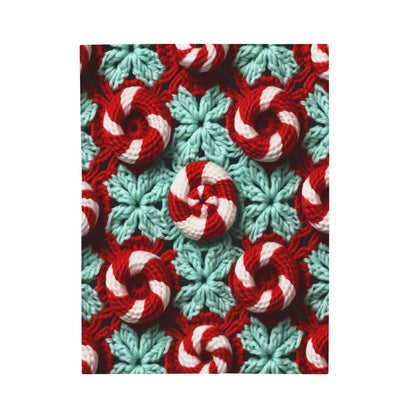 Christmas Crochet Candy Cane - Pepper Red Crystal White Holiday Pattern - Velveteen Plush Blanket