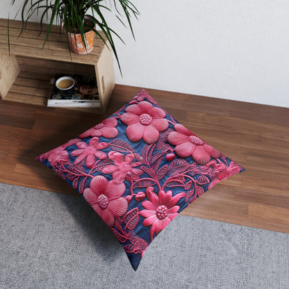 Denim Blue Doll Pink Floral Embroidery Style Fabric Flowers - Tufted Floor Pillow, Square