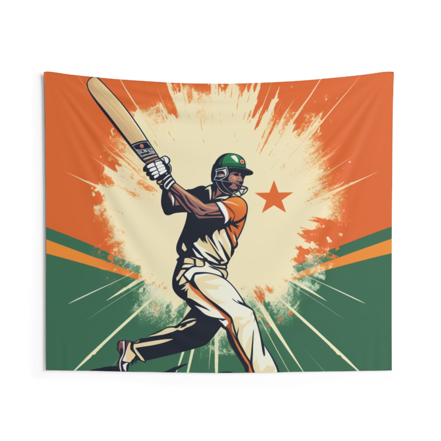 India Cricket Star: Batsman With Willow Bat, National Flag Style - Sport Game - Indoor Wall Tapestries