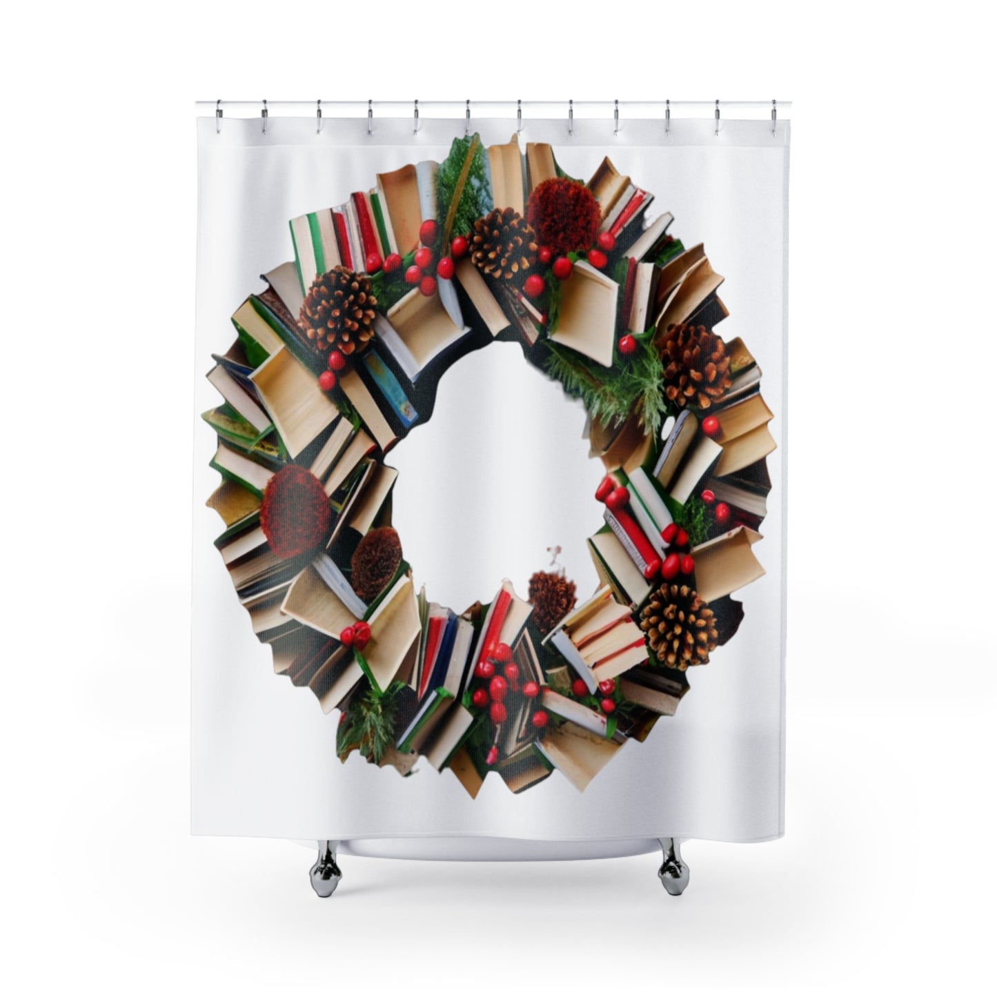 Holiday Book Wreath: Festive Literary Book Lover & Christmas Pinecone Arrangement - Shower Curtains