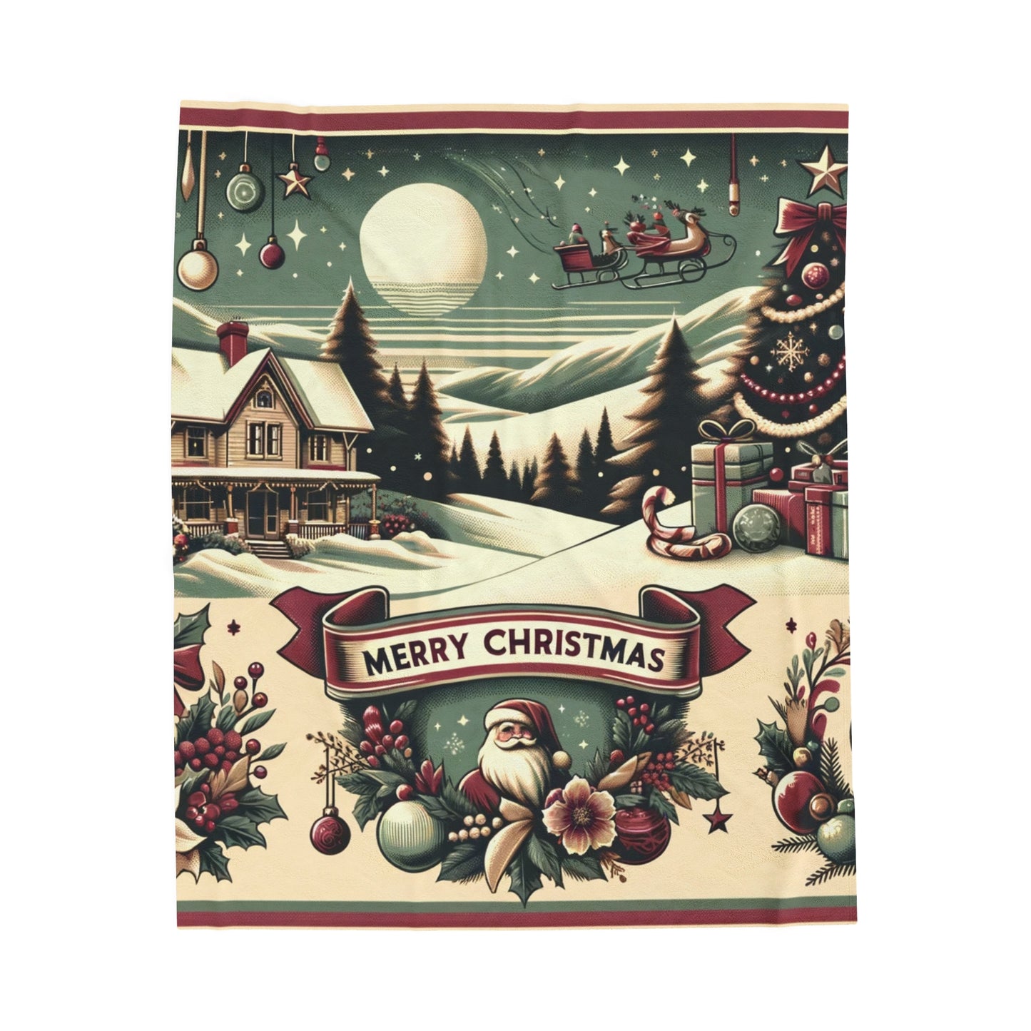 Holiday Charm: Classic Retro Christmas Scene with Santa - 1950s Nostalgic - Velveteen Plush Blanket