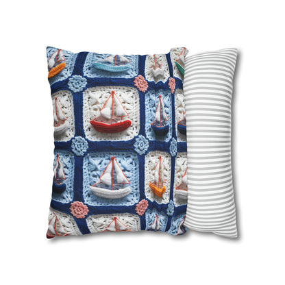 Crochet Boat Ship Sea Vessel Ocean Beach Travel Yacht Design - Spun Polyester Square Pillow Case