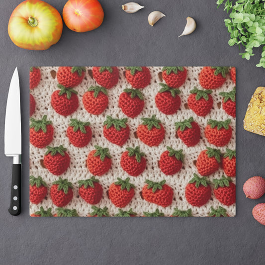 Strawberry Traditional Japanese, Crochet Craft, Fruit Design, Red Berry Pattern - Cutting Board