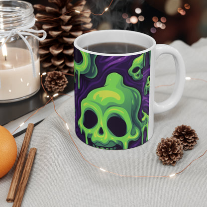 Patrón de terror aterrador de esqueletos verdes de calavera de limo de Halloween - Taza de cerámica 11oz