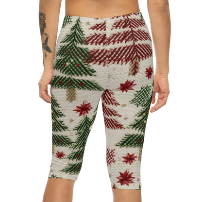 Embroidered Christmas Winter, Festive Holiday Stitching, Classic Seasonal Design - Women’s Capri Leggings (AOP)