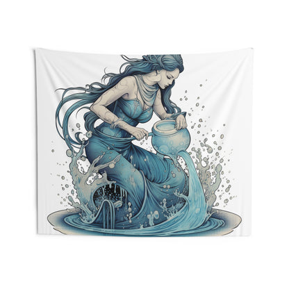 Aquarius Zodiac Symbol - Girl Pouring Water, Hand-Drawn Style - Indoor Wall Tapestries