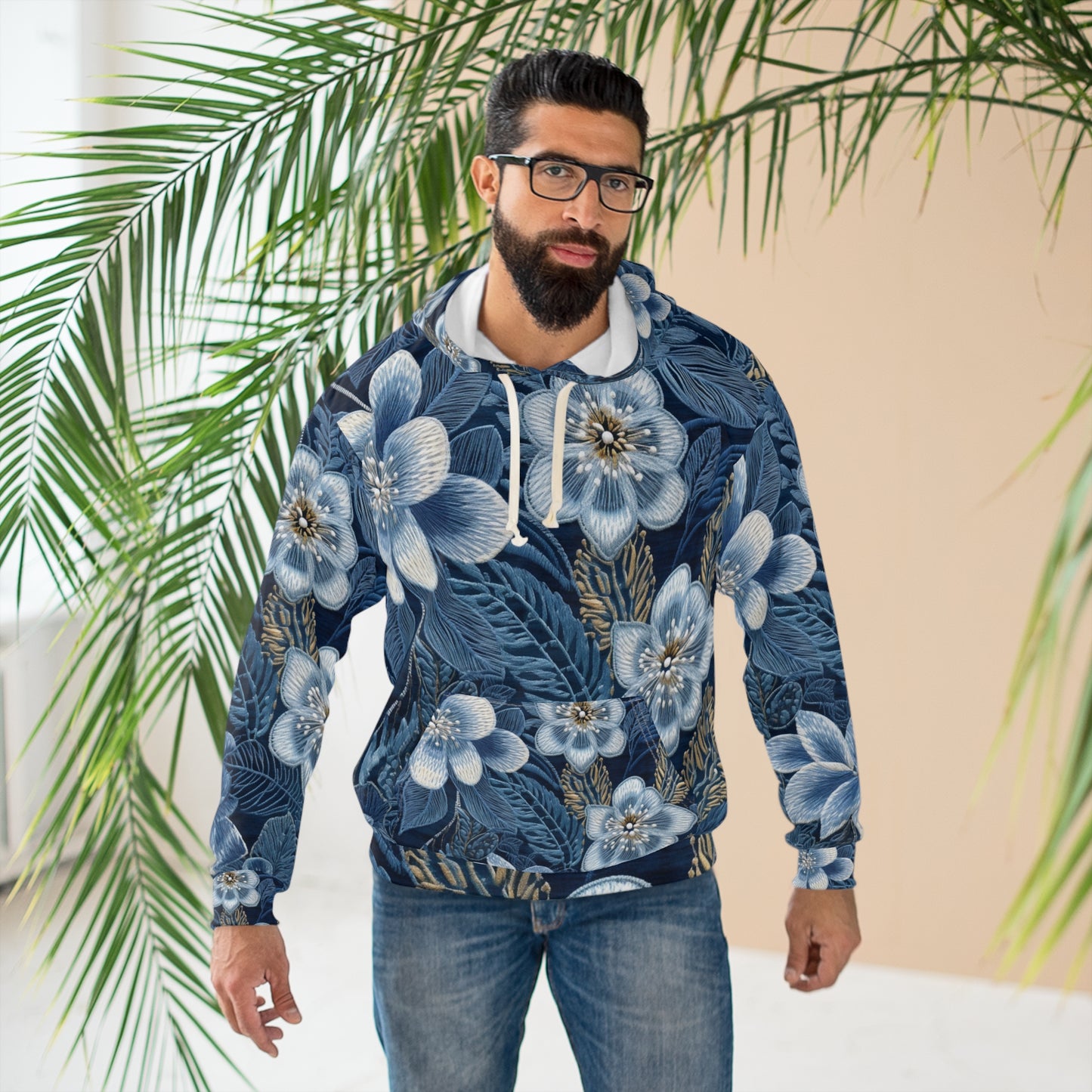 Flower Blossom Embroidery Floral on Denim Style - Unisex Pullover Hoodie (AOP)